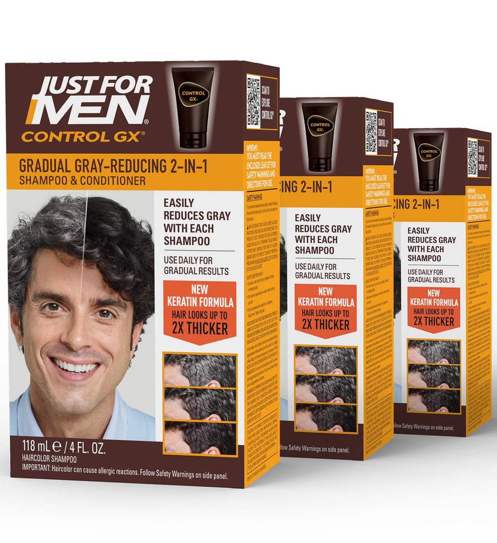 Just for Men bottle front view showing branding and gradual grey control benefit