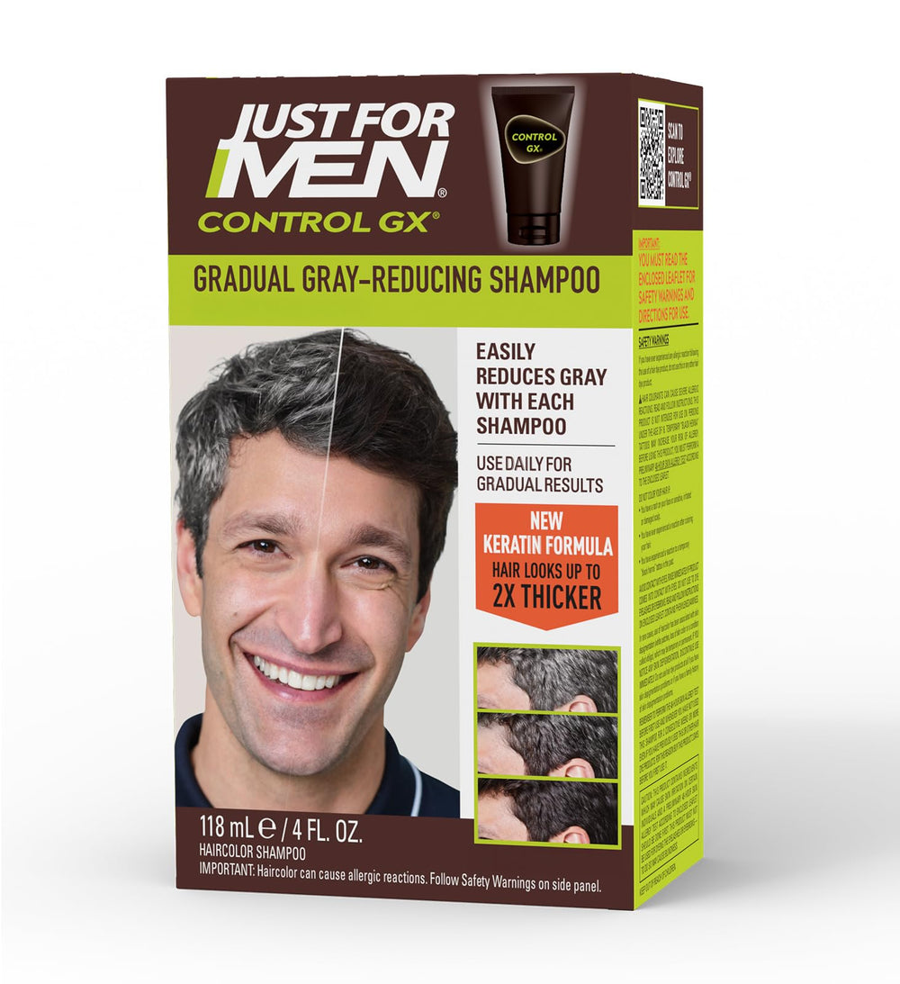 Just for Men Control GX front packaging shows product and benefit gradual gray reduction