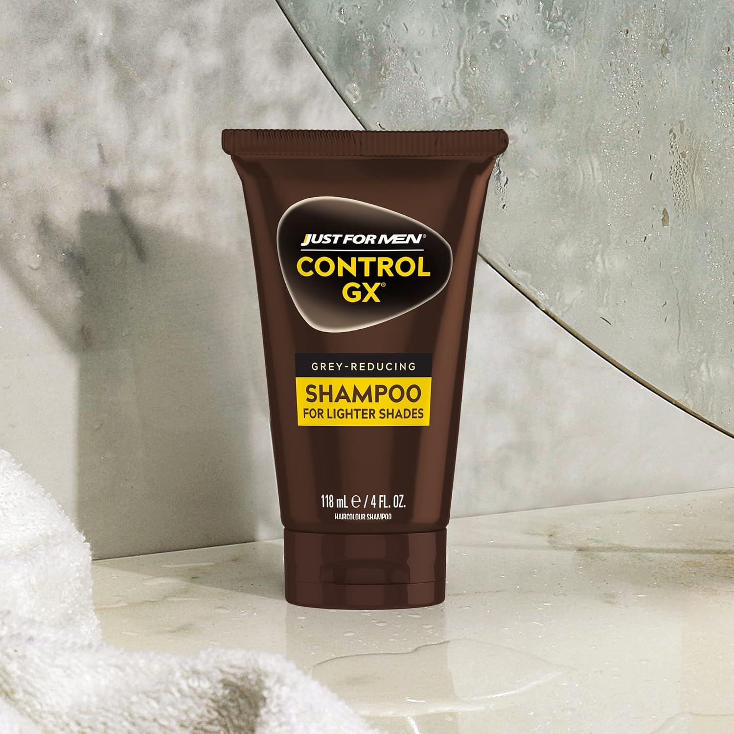 Just for Men lifestyle on bathroom shelf showing everyday routine benefit