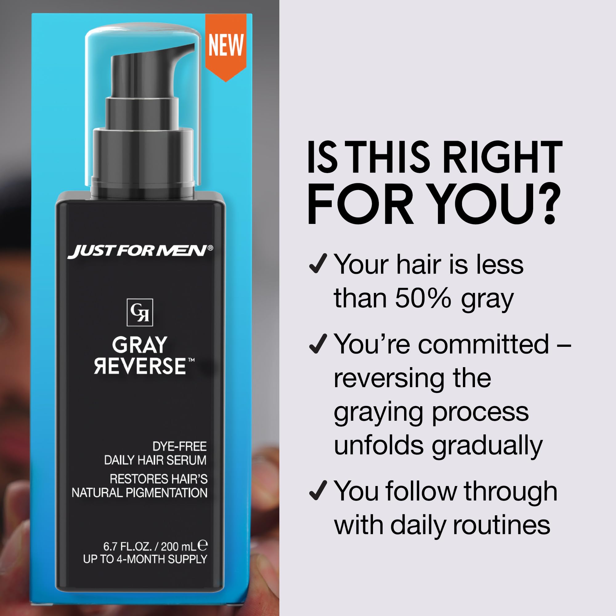 Just for Men applying serum to scalp demonstrating quick 30-second massage benefit