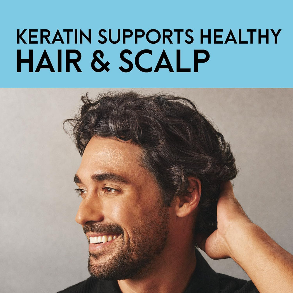 Just for Men product label and ingredients emphasizing peptide and keratin benefits