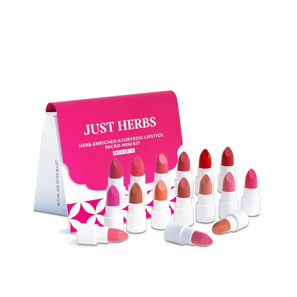 Just Herbs sampler kit front packaging shows 16 mini lipsticks and benefits