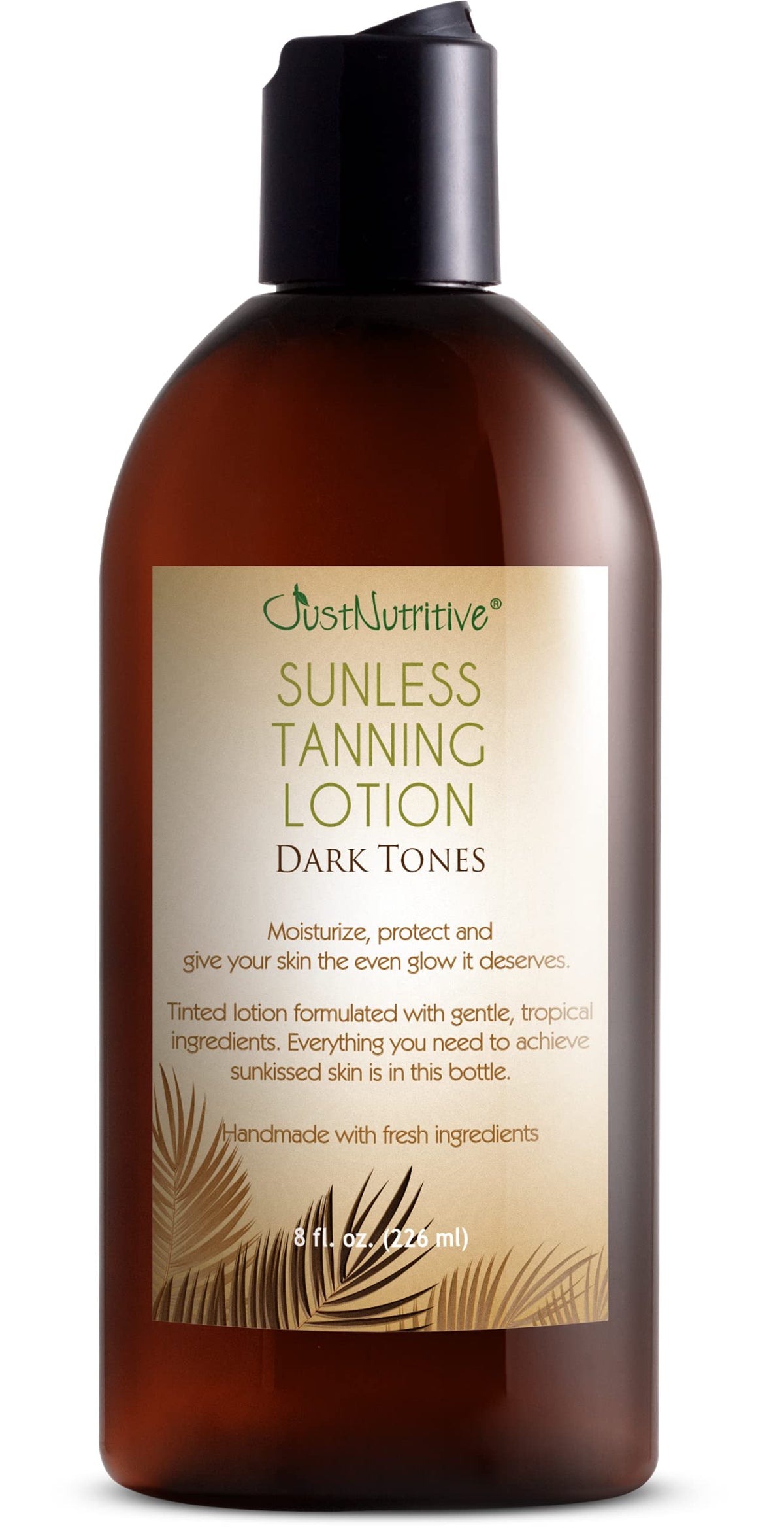 Just Nutritive front packaging showing dark tanning lotion and clear benefit