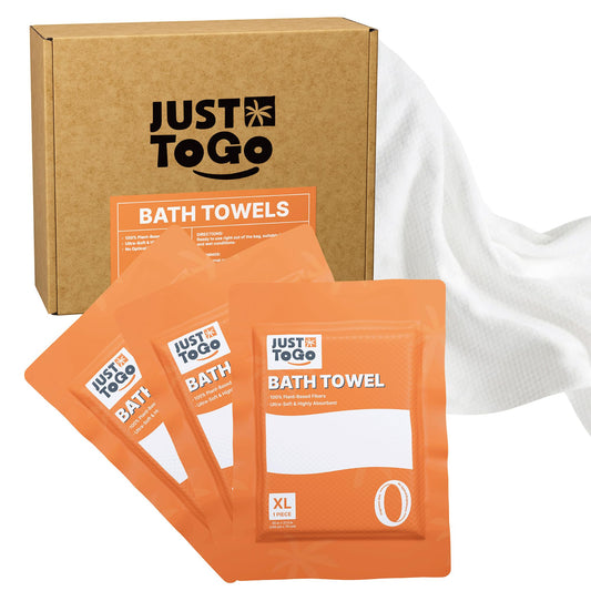 Just To Go front packaging showing three vacuum-sealed towel packs, ideal for travel
