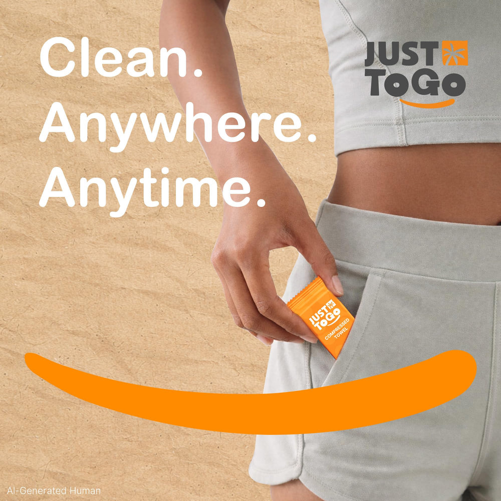 Just To Go towel next to wallet illustrating compact coin-size storage