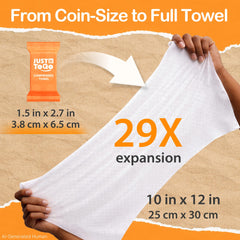 Just To Go towel wiping face demonstrating gentle, hygienic refresh