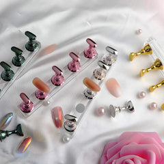 JUSTOTRY completed nail samples displayed on a salon counter enhancing presentation