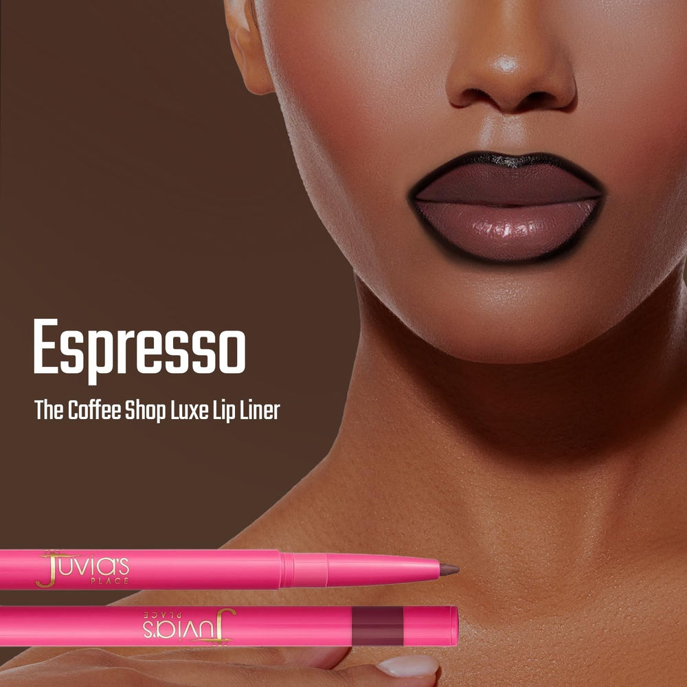 Juvia's Place Espresso paired with matte lipstick, intensifies color benefit