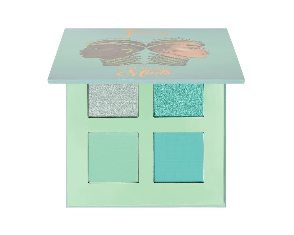 Juvia's Place palette front view showing four mint and neutral shades, compact and portable benefit