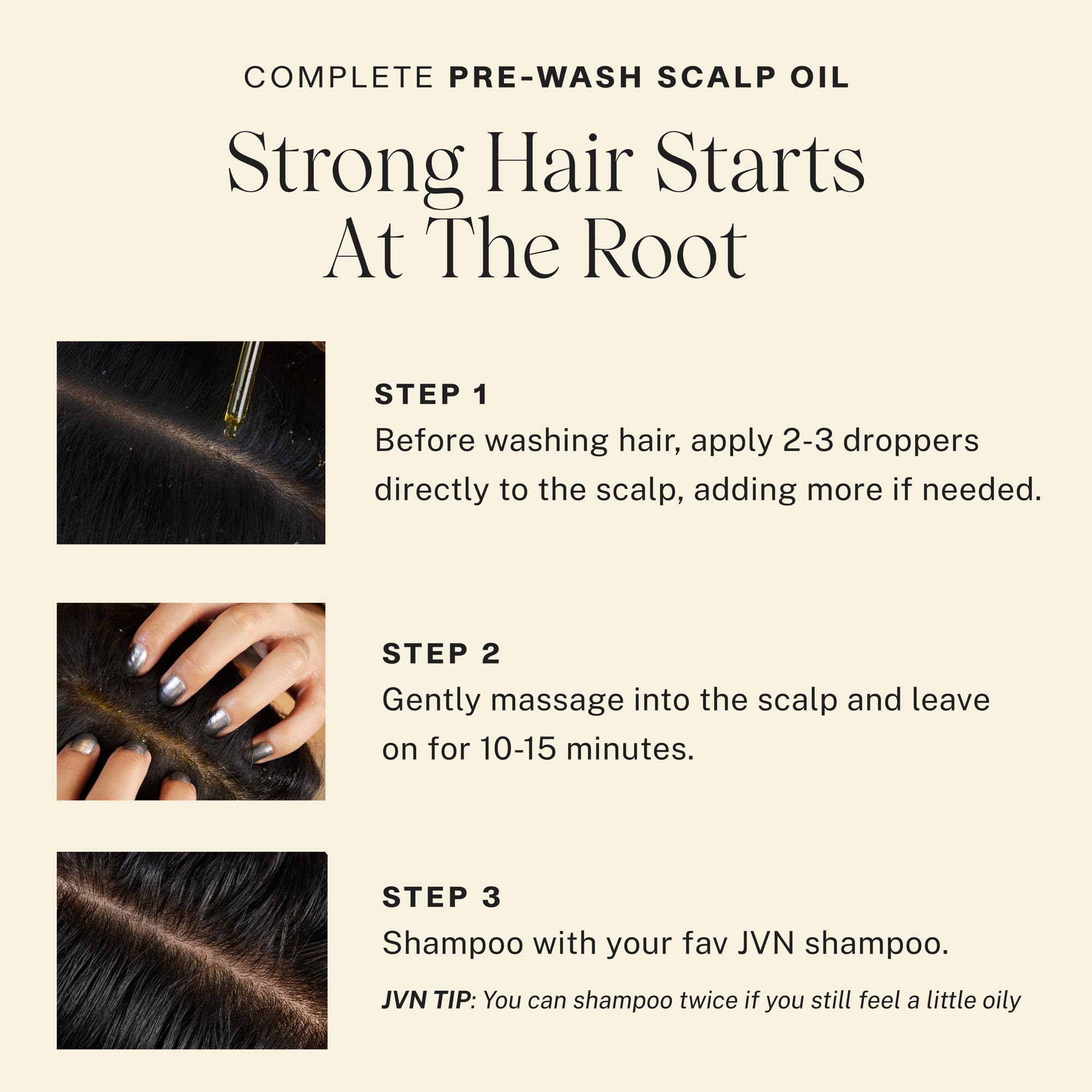 hand applying JVN oil to scalp showing targeted pre-wash treatment benefit