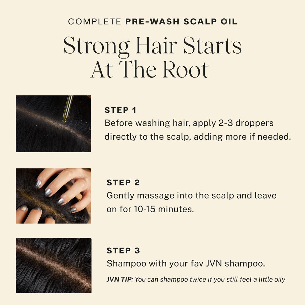 hand applying JVN oil to scalp showing targeted pre-wash treatment benefit