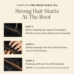 hand applying JVN oil to scalp showing targeted pre-wash treatment benefit