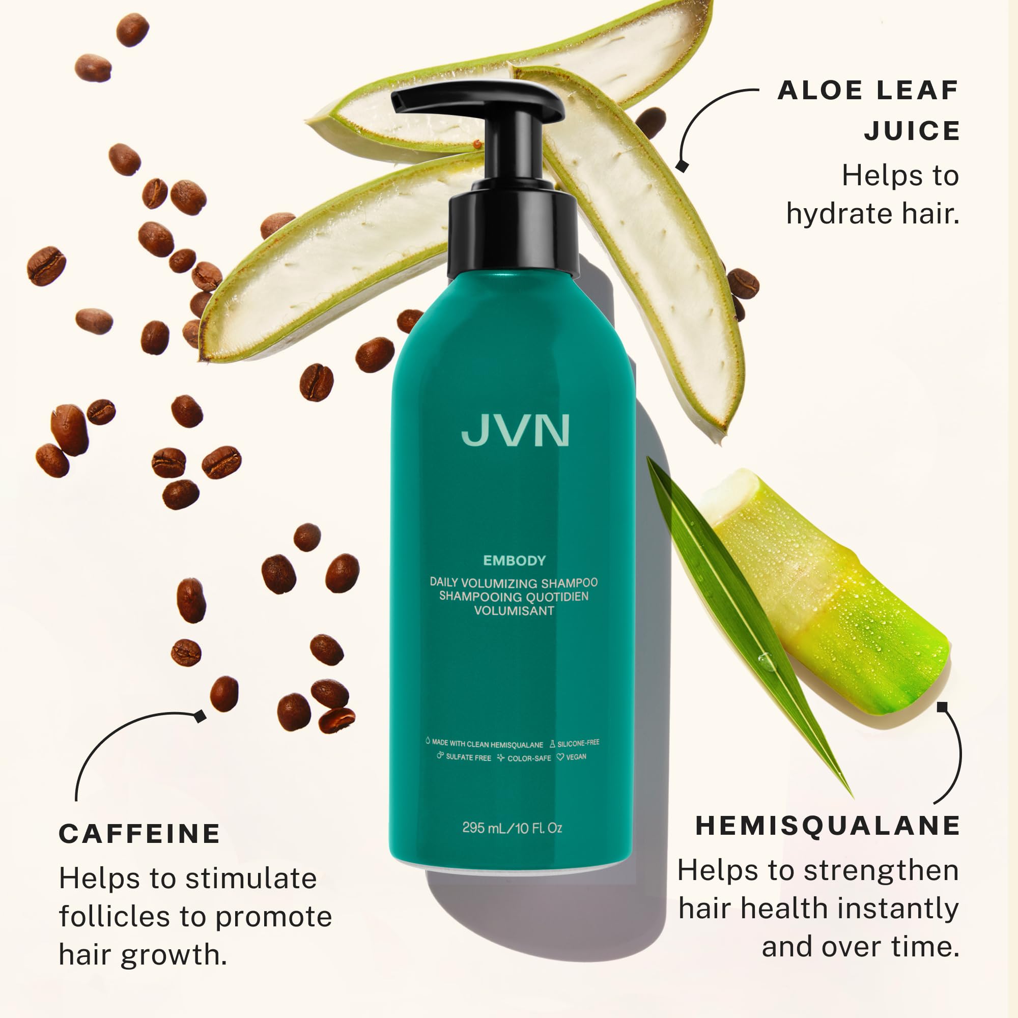JVN Embody shampoo pour showing lightweight lather and volume benefit