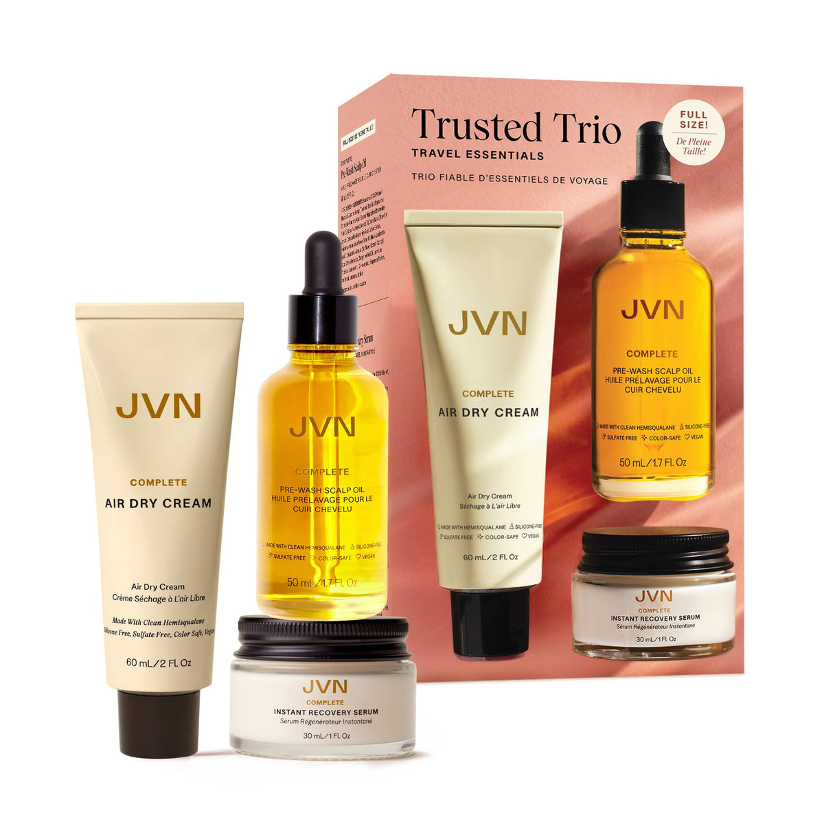 JVN front packaging trio set shown, convenient travel solution