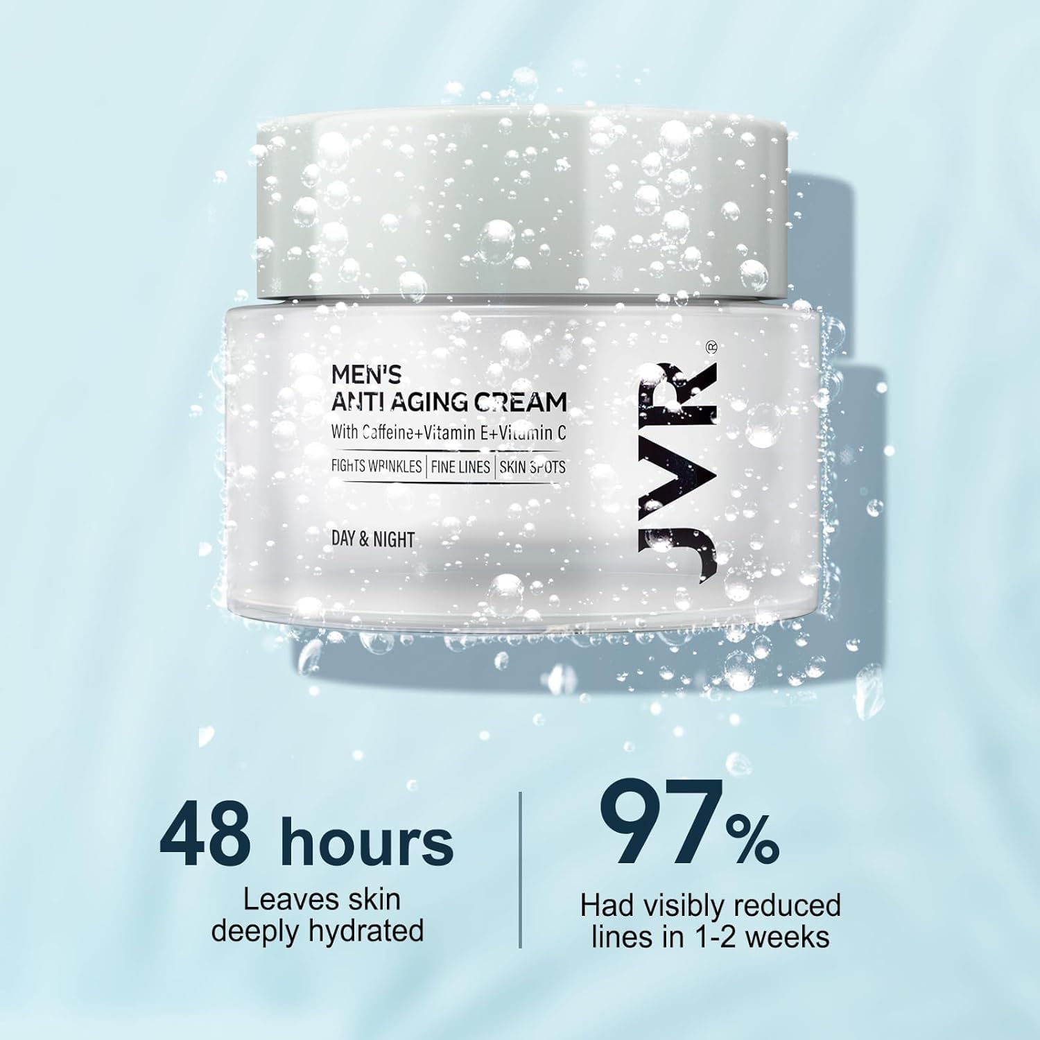 JVR ingredient label close-up highlighting caffeine and niacinamide benefits