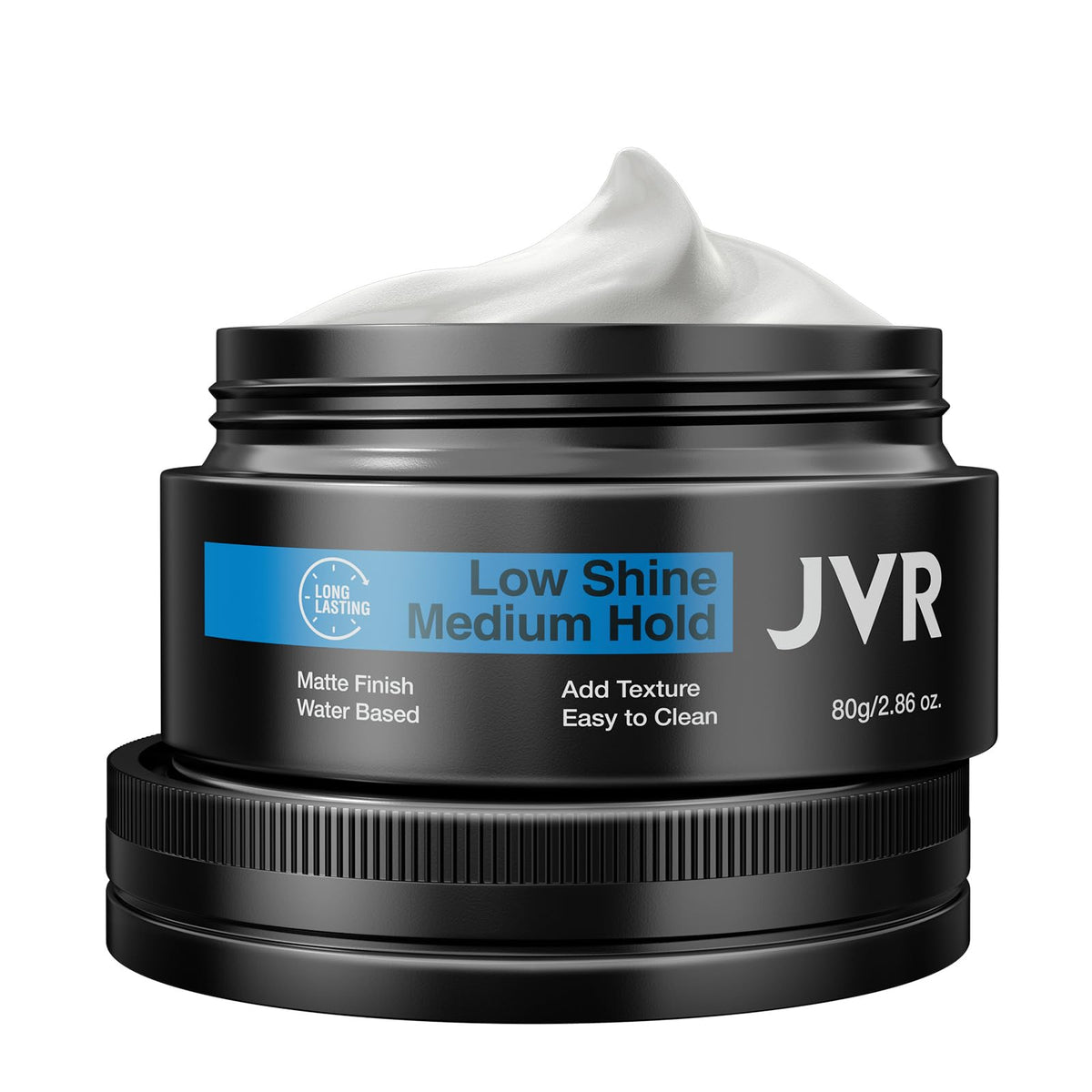 JVR hair clay front jar showing clean label and compact size benefit portability