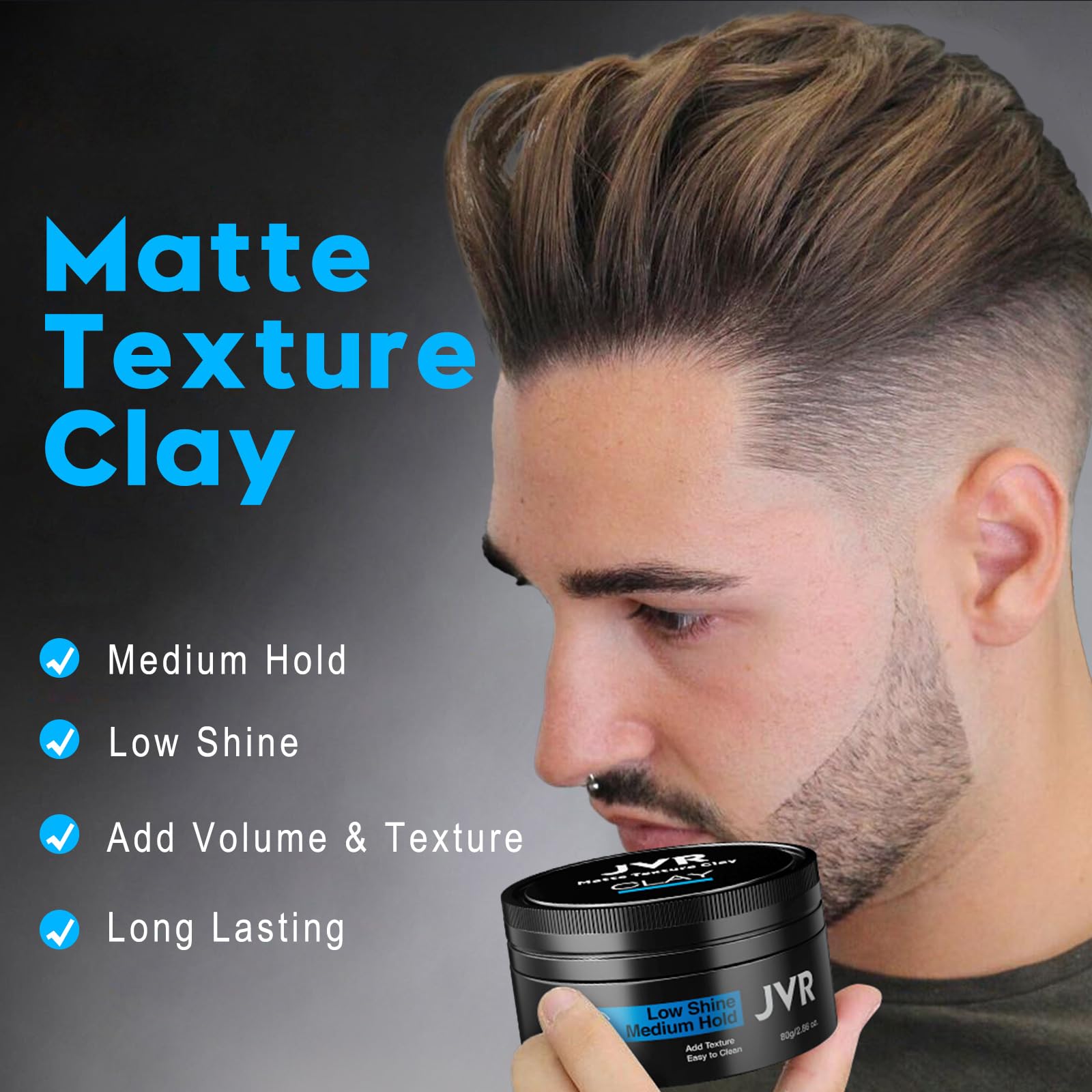 JVR hair clay open jar close-up texture showing matte paste for easy styling