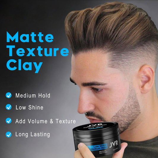 JVR hair clay open jar close-up texture showing matte paste for easy styling