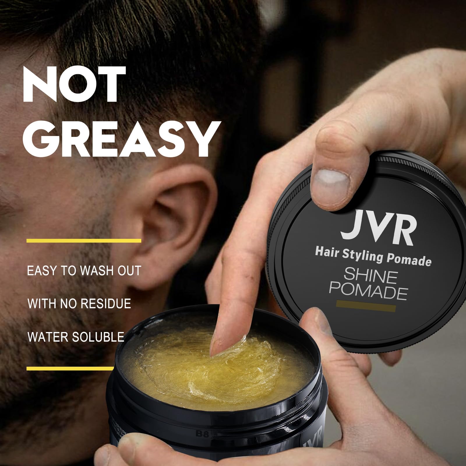 JVR pomade used for slick-back style keeping hair polished all day