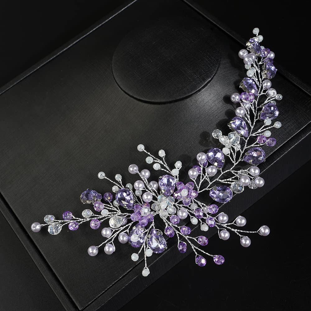 JWICOS front view of purple hair vine showing graceful design and bridal sparkle