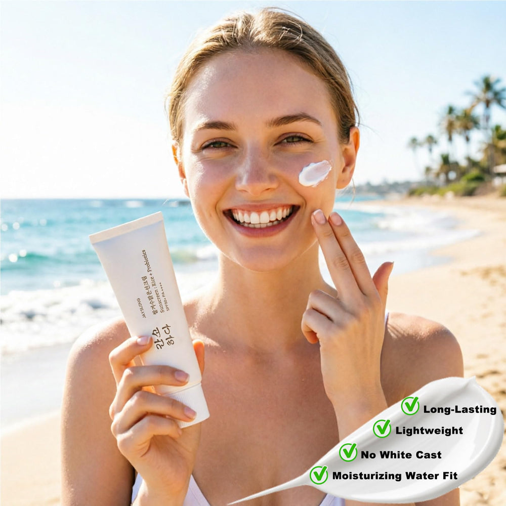 JXMLTT tube open with sunscreen being dispensed, highlights quick-absorbing texture