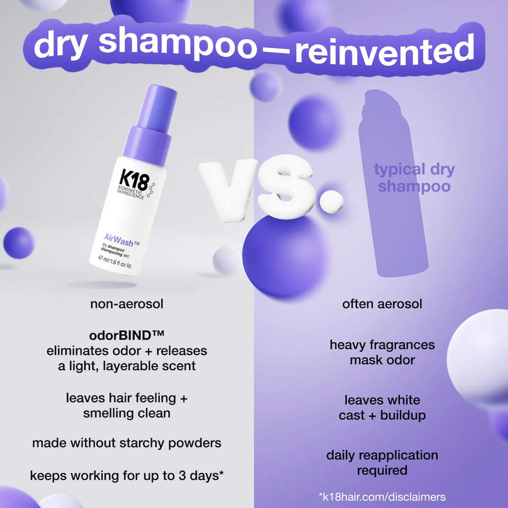 K18 AirWash in travel pouch with styling tools showing easy travel refresh