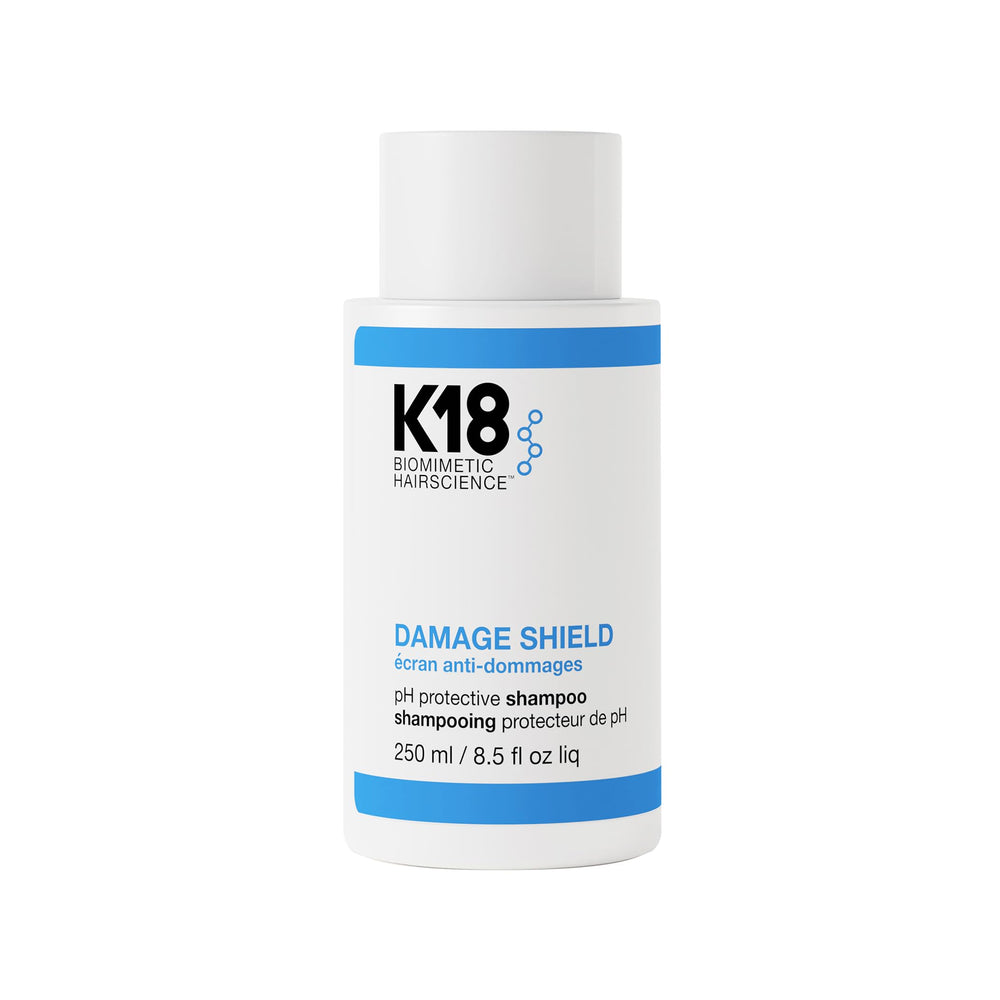 K18 front bottle showing brand and protective shampoo benefits
