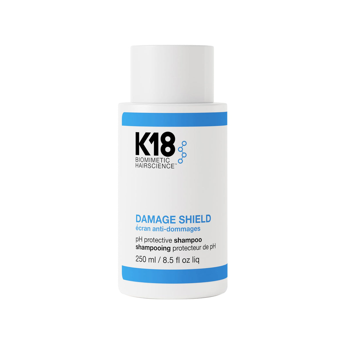 K18 front bottle showing brand and protective shampoo benefits