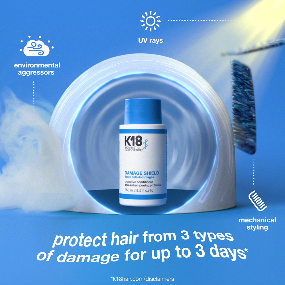 K18 Damage Shield placed on bathroom shelf conveying daily protection