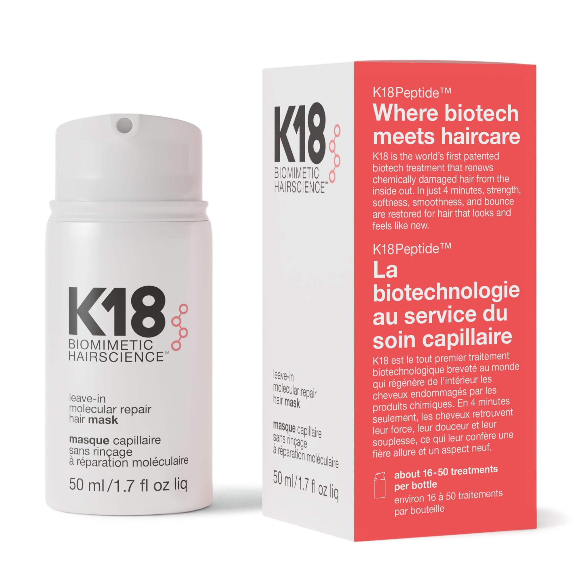 K18 front bottle showing compact peptide repair product and benefits