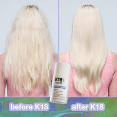 K18 label close-up highlighting K18PEPTIDE and limited-edition collaboration badge