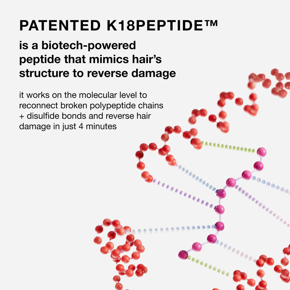 K18 label closeup highlighting K18PEPTIDE and ingredient transparency benefit
