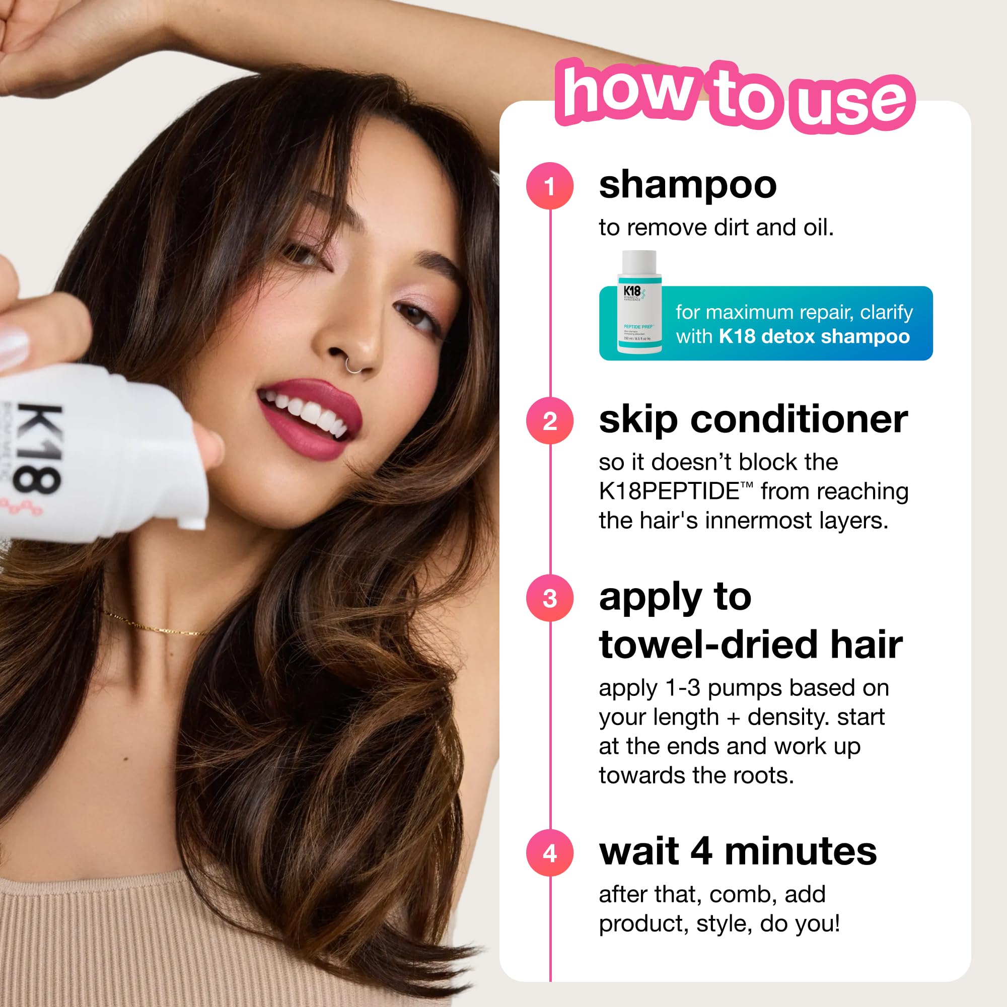 K18 applied to towel-dried hair showing quick four-minute treatment benefit