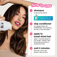 K18 applied to towel-dried hair showing quick four-minute treatment benefit