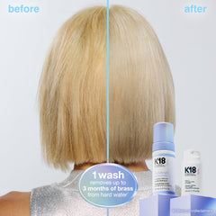 K18 applying foam to wet hair showing quick distribution for full-tone cleansing