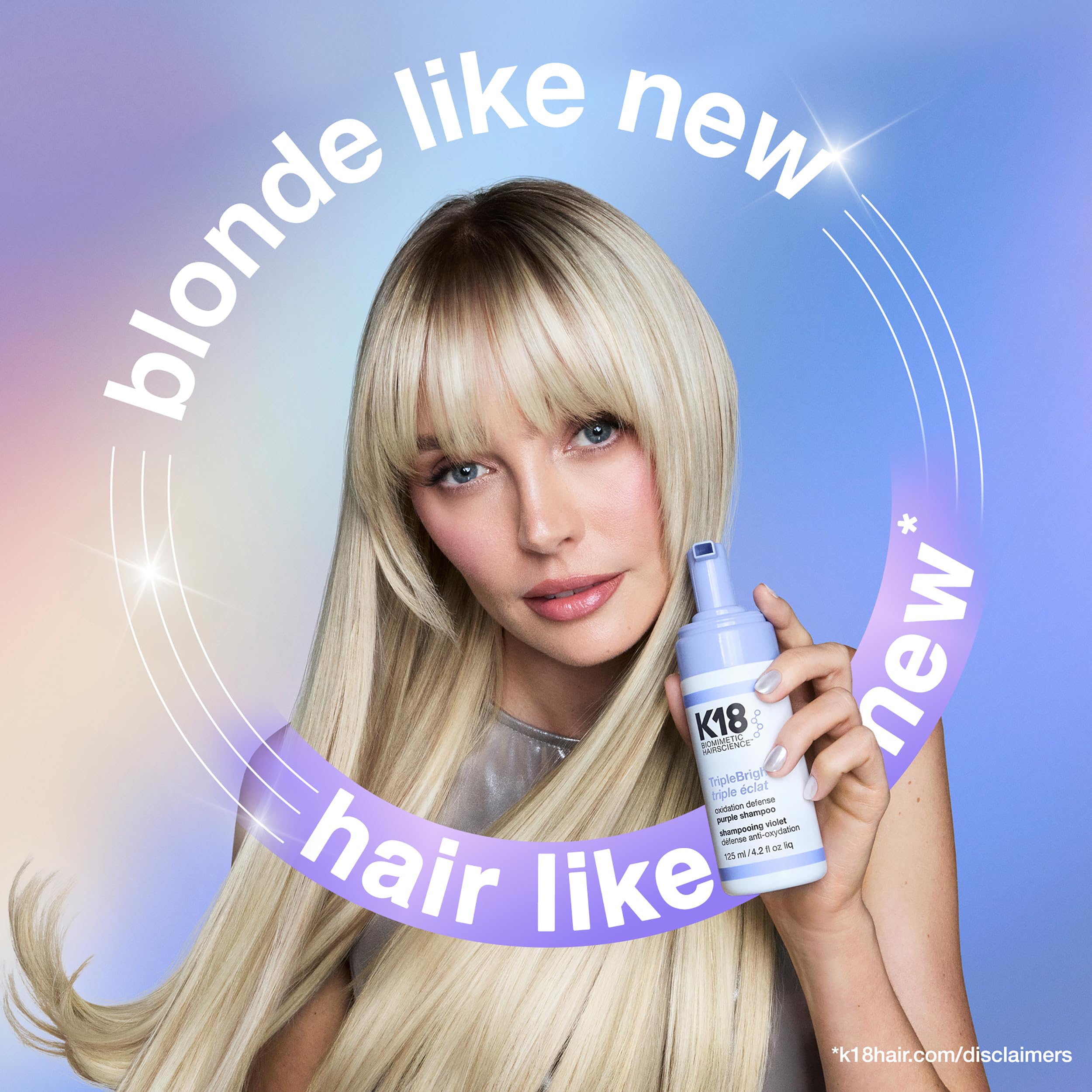 K18 before and after comparison highlighting brighter, less-brassy blonde