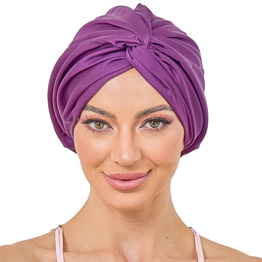 KAAHYNNO mystic purple bonnet front view showing secure fit and style benefit