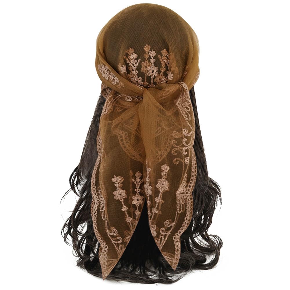 KABAKE front view of floral head scarf showing full length and lace design benefit stylish look