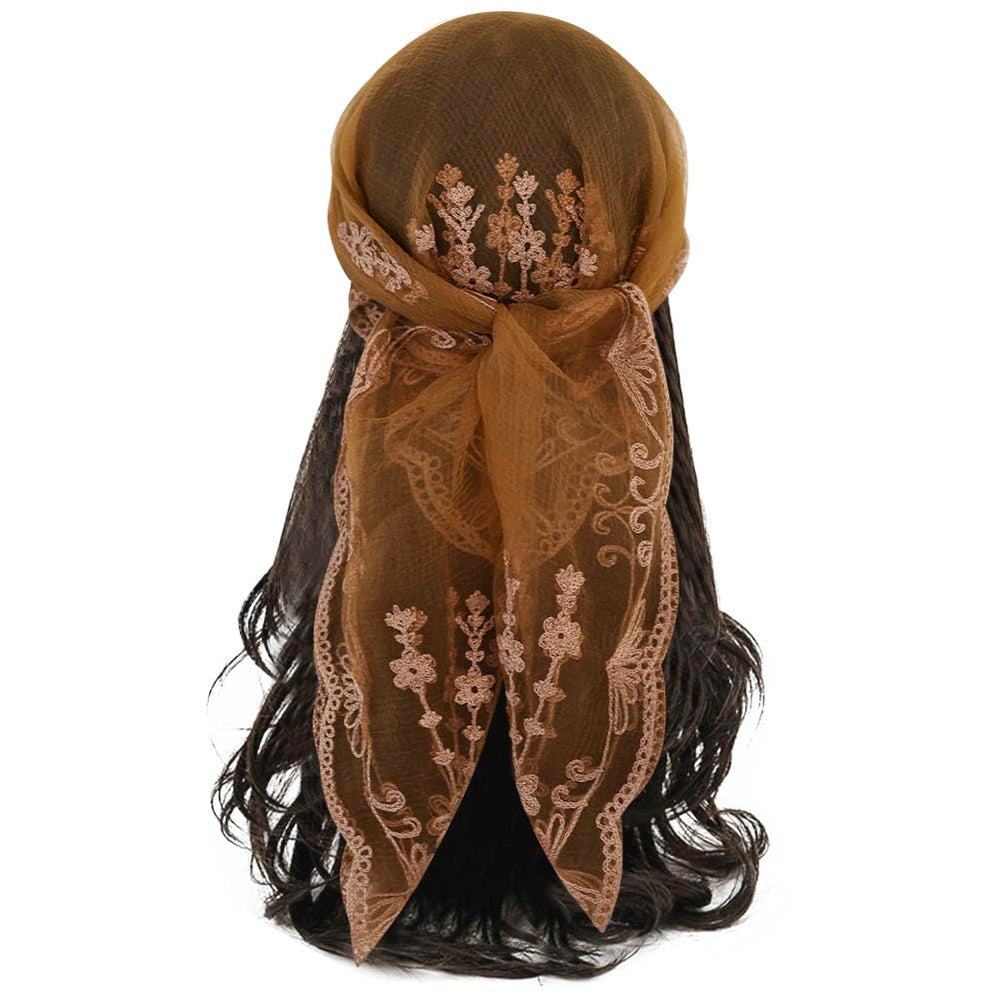 KABAKE front view of floral head scarf showing full length and lace design benefit stylish look