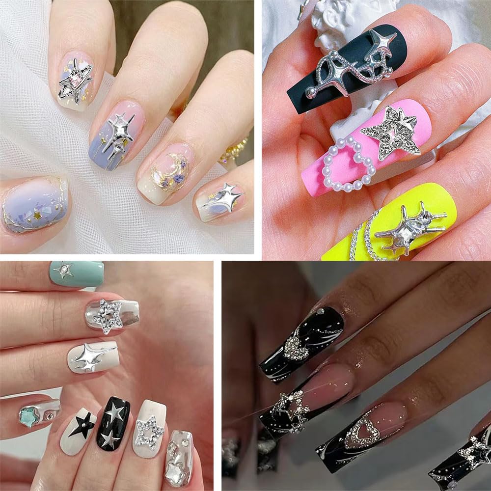 KACHIMOO star charms applied on acrylic nails adding bold Y2K accents