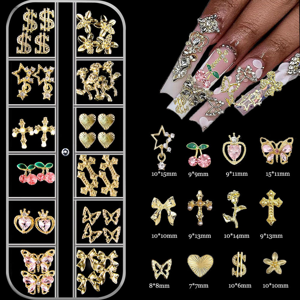 KACHIMOO close-up of gold cross and butterfly charms highlighting fine metal detail