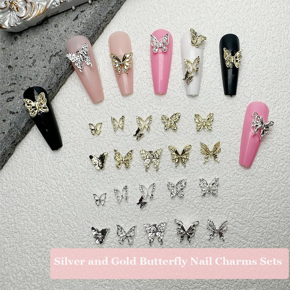 KACHIMOO clustered butterfly accents on manicure showing layered 3D effect