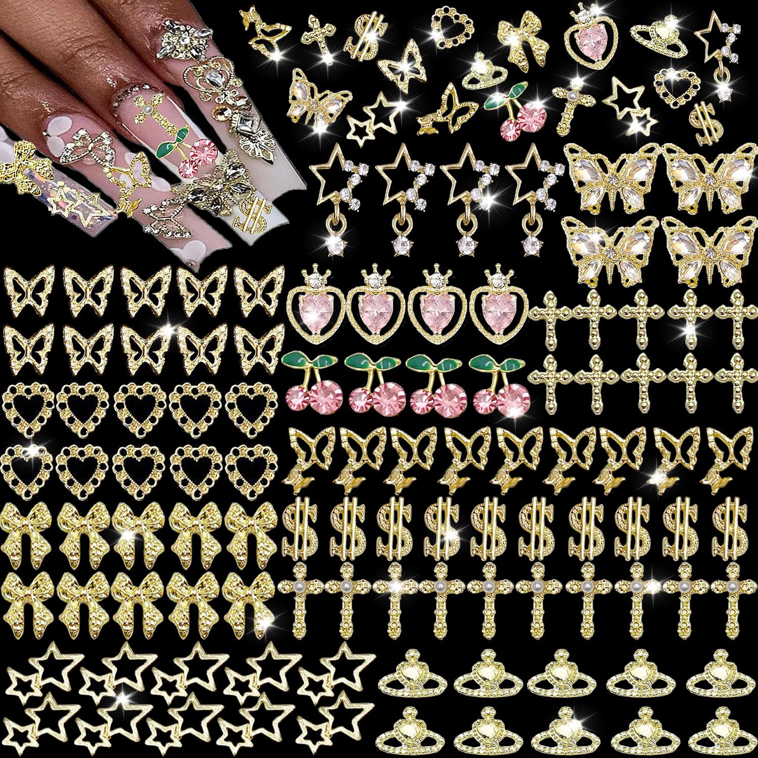 KACHIMOO front packaging showing full 106-piece gold charm set and organized tray benefit variety