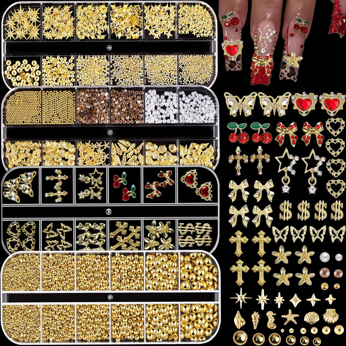 KACHIMOO front packaging showing four-box gold nail charms kit for versatile designs