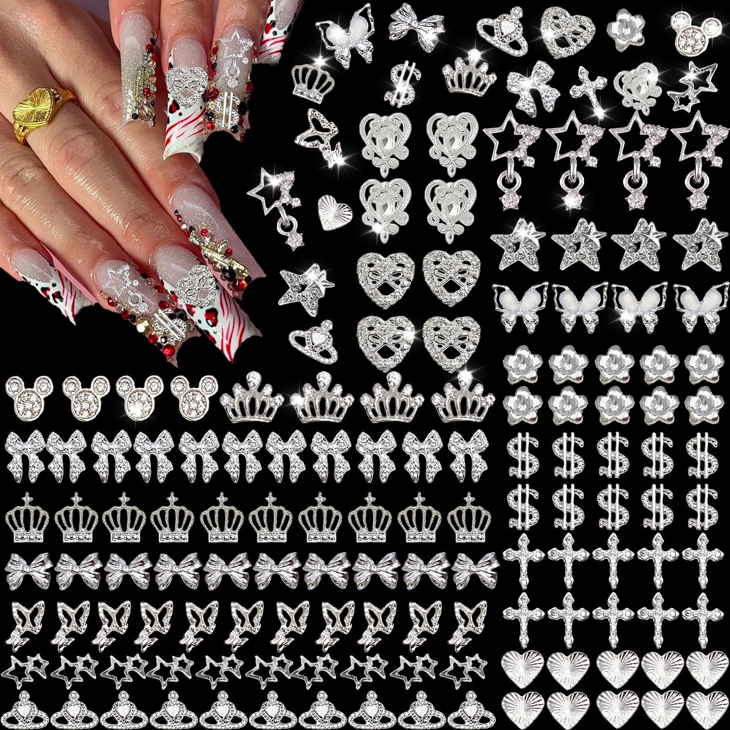 KACHIMOO front packaging showing 128-piece silver nail charms kit and variety benefit