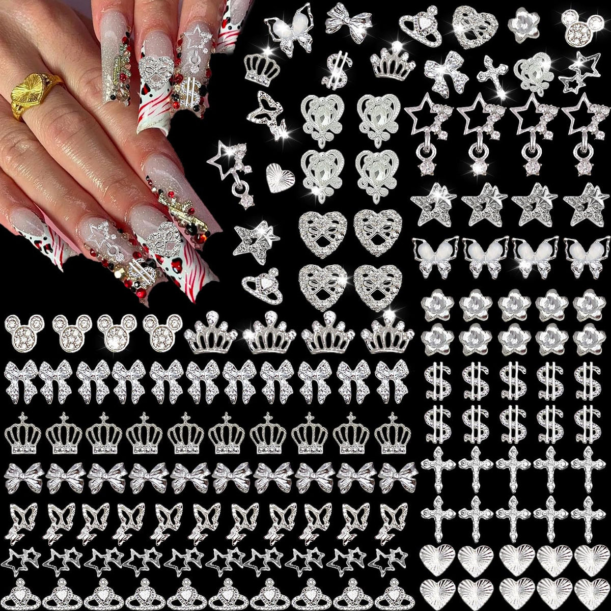 KACHIMOO front packaging showing 128-piece silver nail charms kit and variety benefit