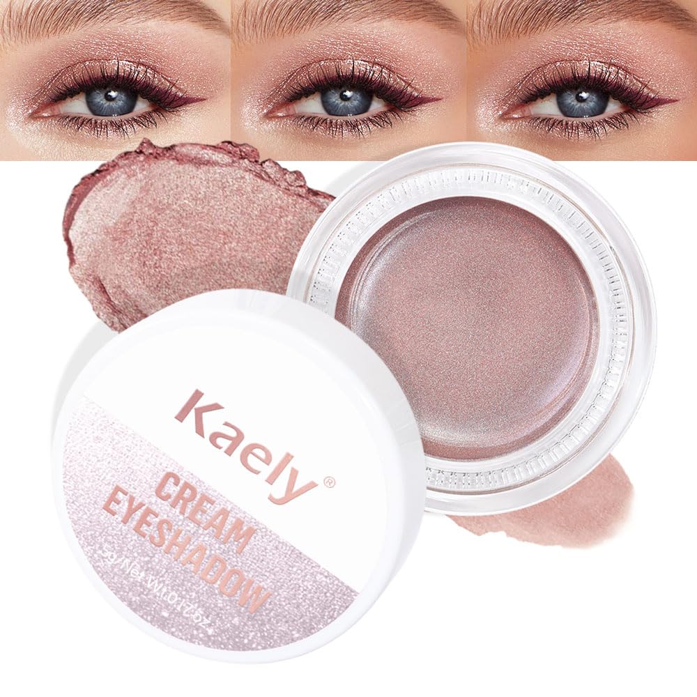 Kaely cream eyeshadow front pot showing golden tan shimmer and easy portability