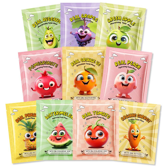 Kaely front packaging showing fruit mask assortment and product variety benefits