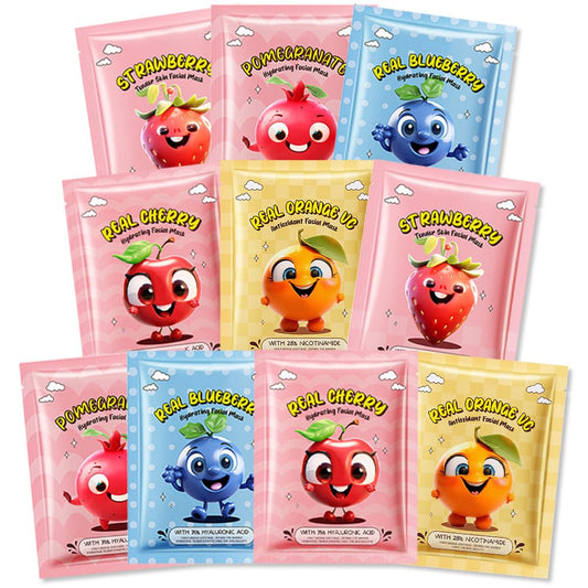 Kaely front packaging showing colorful fruit mask assortment and benefits