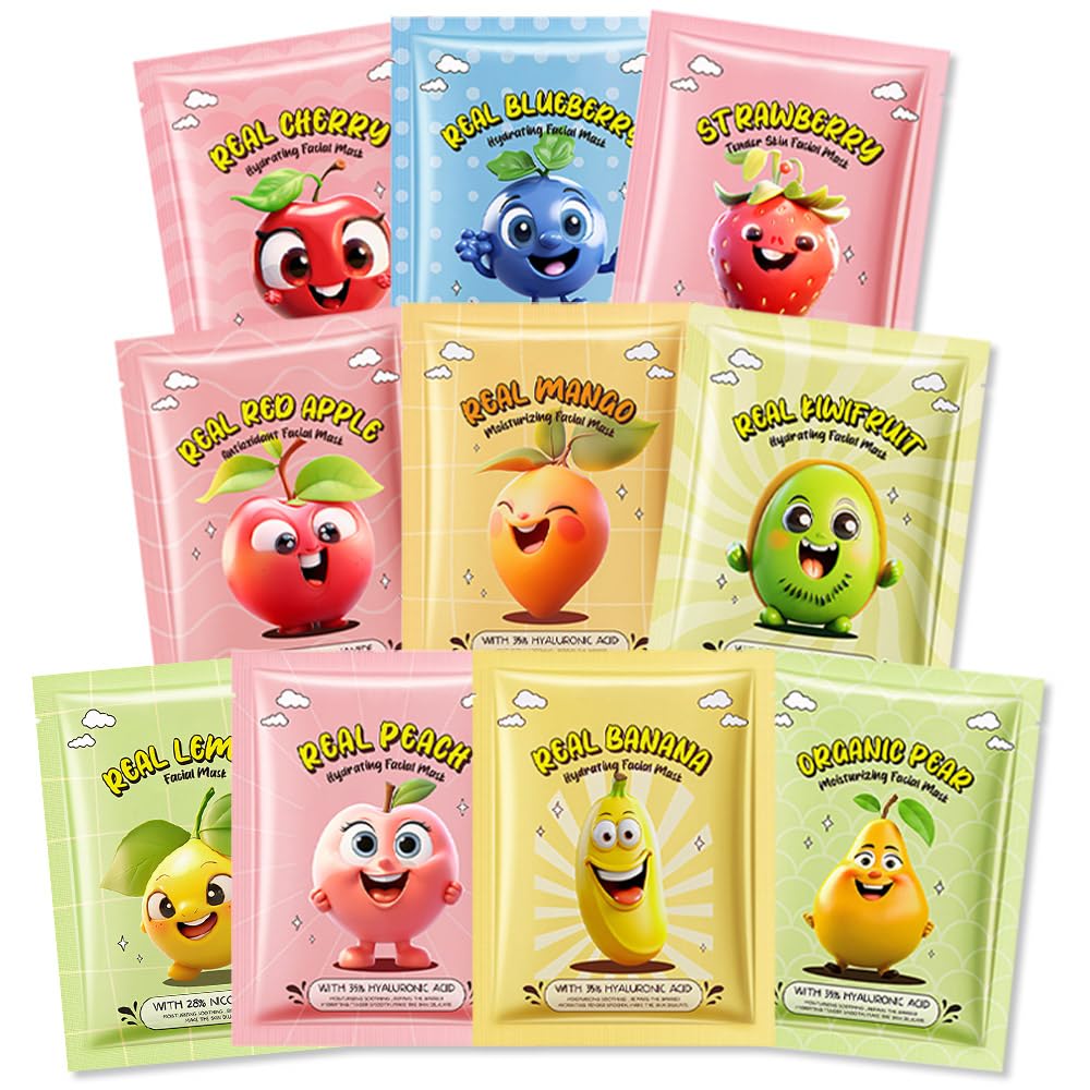 Kaely front packaging showing 10-pack fruit face masks and playful design for kids